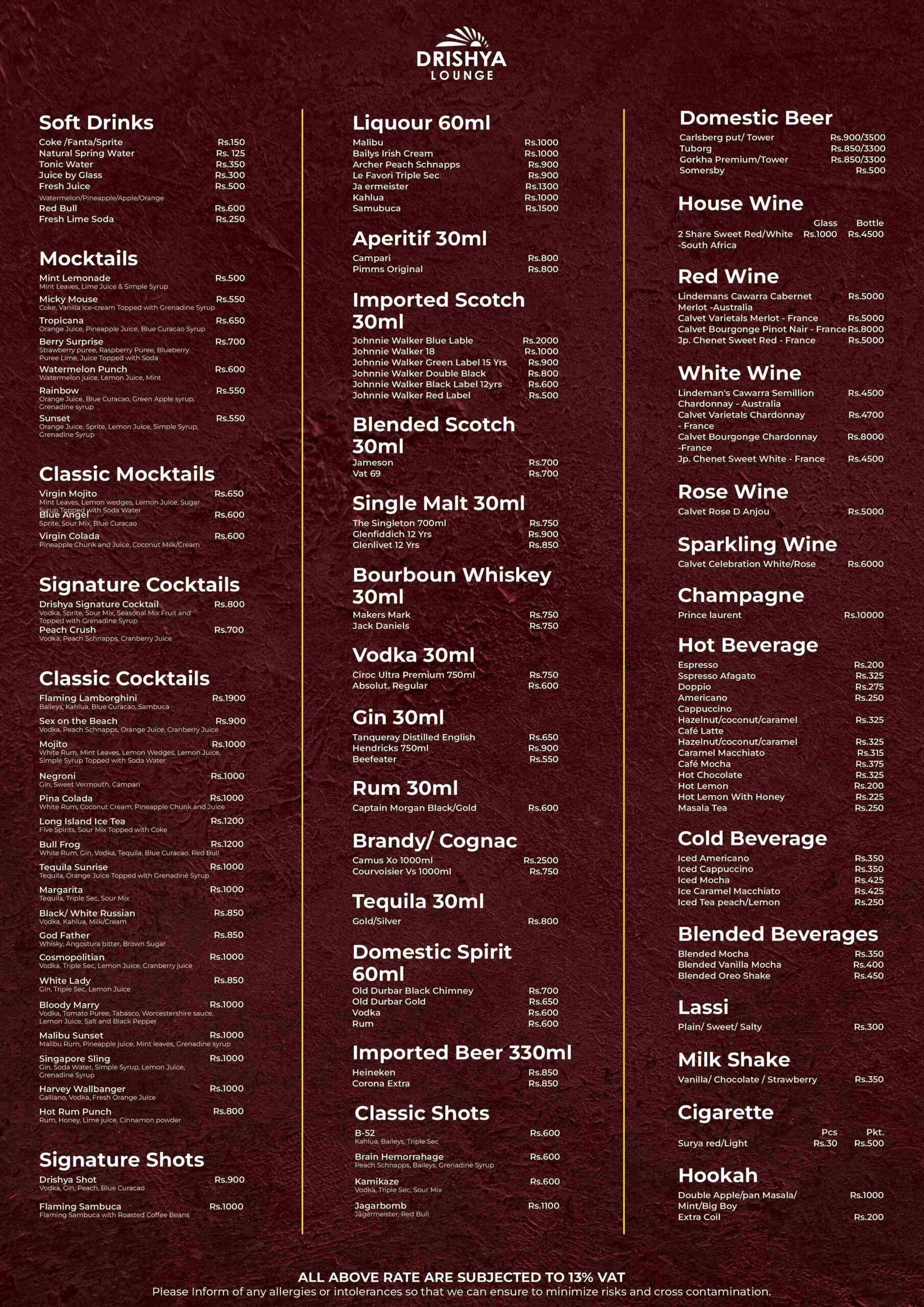 Drink Menu- Drishya Lounge and restaurant